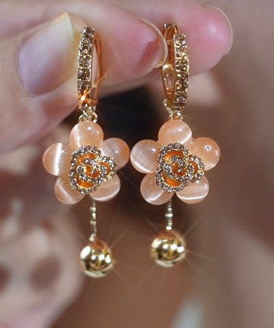 Fine Gold Alloy Zircon Cat Eye Stone Floral Drop Earrings TX026