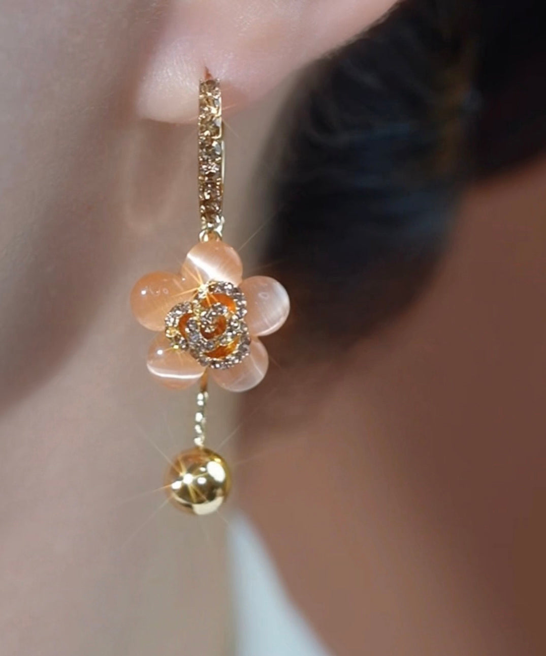 Fine Gold Alloy Zircon Cat Eye Stone Floral Drop Earrings TX026