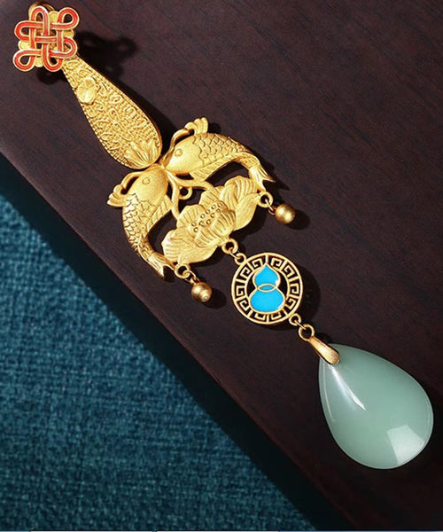 Fine Gold Ancient Gold Jade Every Year There Is Fish Tassel Brooches KX1083 Ada Fashion