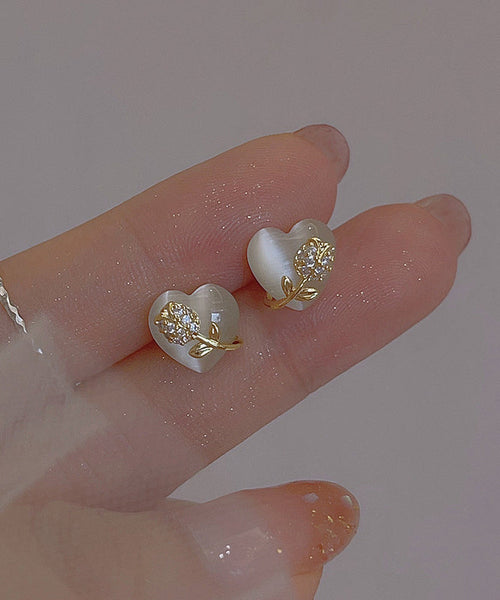Earrings Copper Alloy Gold Cat Floral Eye Ston Stud Love Fine FashionChic