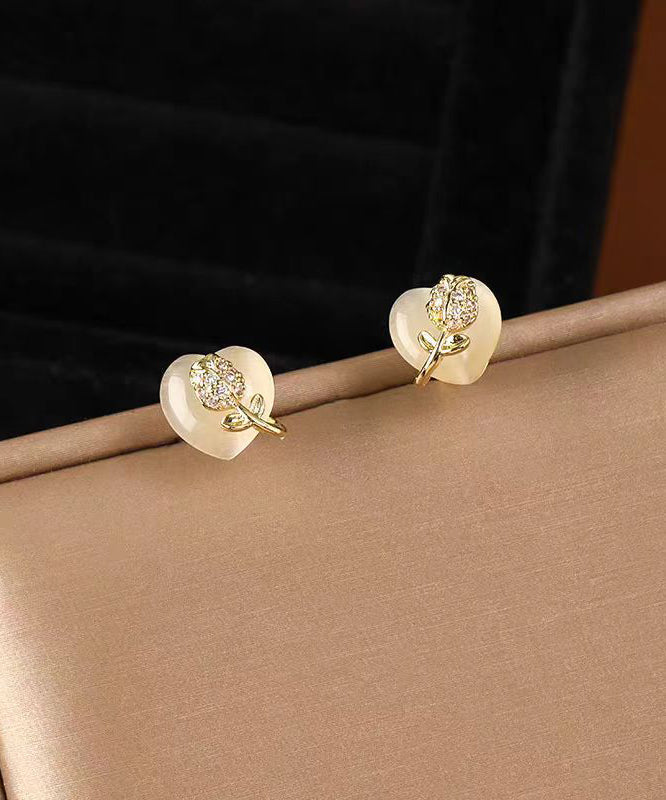 Earrings Copper Alloy Gold Cat Floral Eye Ston Stud Love Fine FashionChic