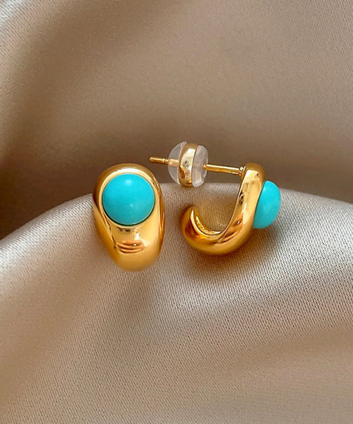 Earrings Alloy C-Shaped Copper Stud Fine Gold Turquoise FashionChic