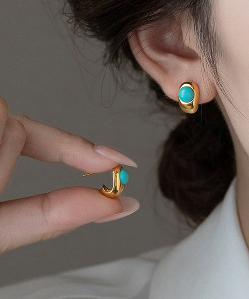 Earrings Alloy C-Shaped Copper Stud Fine Gold Turquoise FashionChic