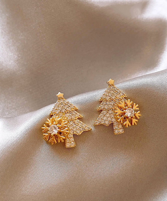 Fine Gold Copper Alloy Zircon Snowflake Christmas Tree Stud Earrings RB018 ABC