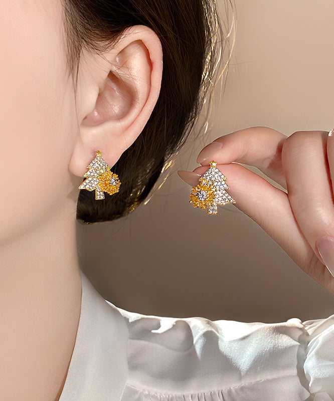 Fine Gold Copper Alloy Zircon Snowflake Christmas Tree Stud Earrings RB018 ABC