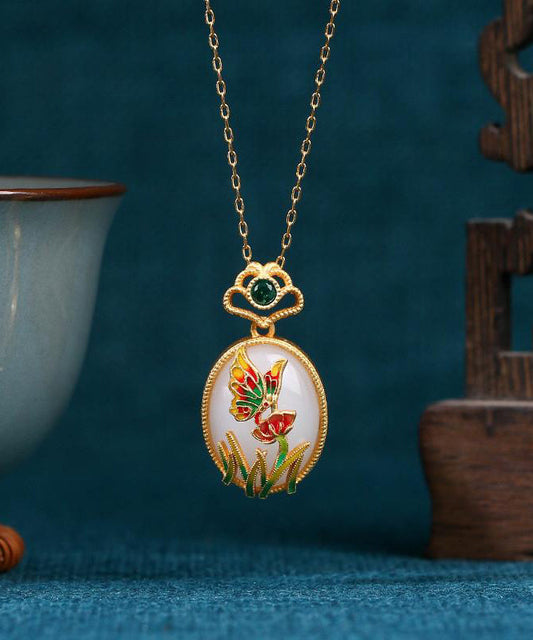 Fine Gold Copper Overgild Jade Crystal Butterfly Floral Pendant Necklace KX1069 Ada Fashion