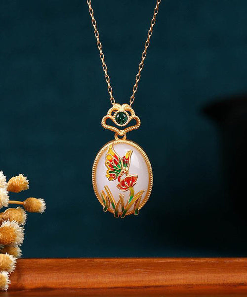 Fine Gold Copper Overgild Jade Crystal Butterfly Floral Pendant Necklace KX1069 Ada Fashion