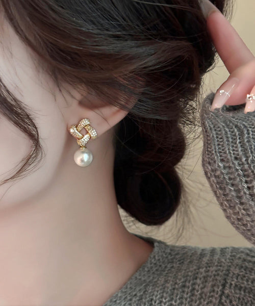 Fine Gold Copper Overgild Zircon Square Pearl Drop Earrings YX014 ABC