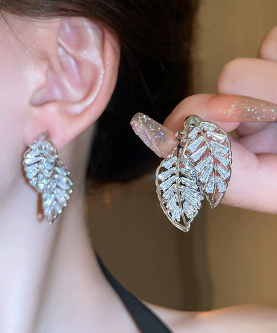 Gold Hollow Out Stud Leaf Earrings Zircon Fine Copper FashionChic