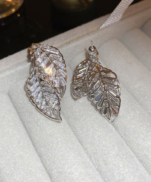 Gold Hollow Out Stud Leaf Earrings Zircon Fine Copper FashionChic