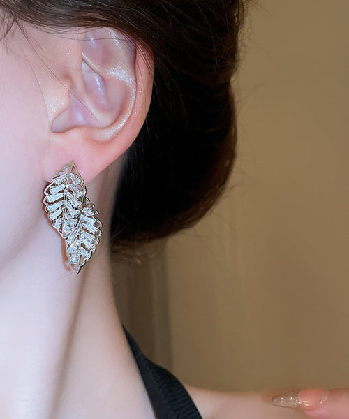 Gold Hollow Out Stud Leaf Earrings Zircon Fine Copper FashionChic