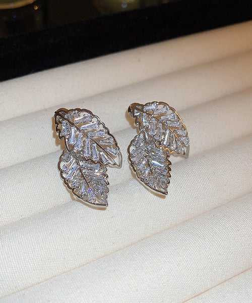 Gold Hollow Out Stud Leaf Earrings Zircon Fine Copper FashionChic