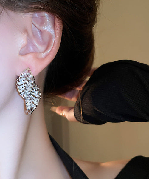 Gold Hollow Out Stud Leaf Earrings Zircon Fine Copper FashionChic