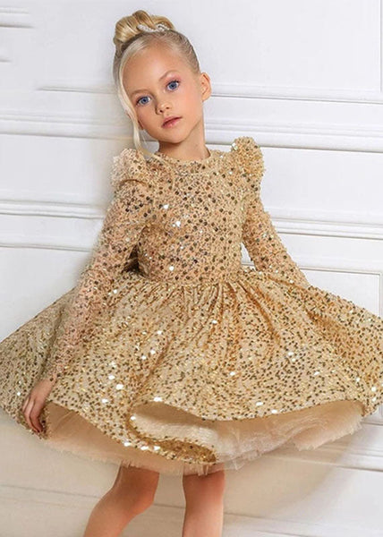 Fine Gold O-Neck Sequins Tulle Kids Long Dresses Spring YS009 ABC
