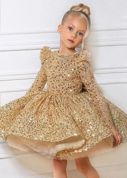 Fine Gold O-Neck Sequins Tulle Kids Long Dresses Spring YS009 ABC