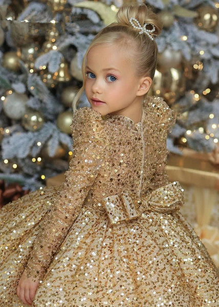 Fine Gold O-Neck Sequins Tulle Kids Long Dresses Spring YS009 ABC