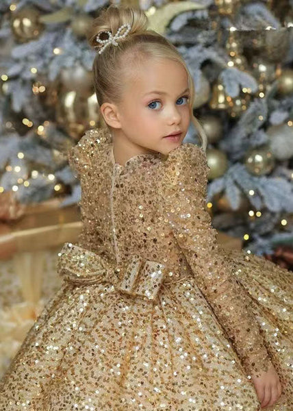 Fine Gold O-Neck Sequins Tulle Kids Long Dresses Spring YS009 ABC