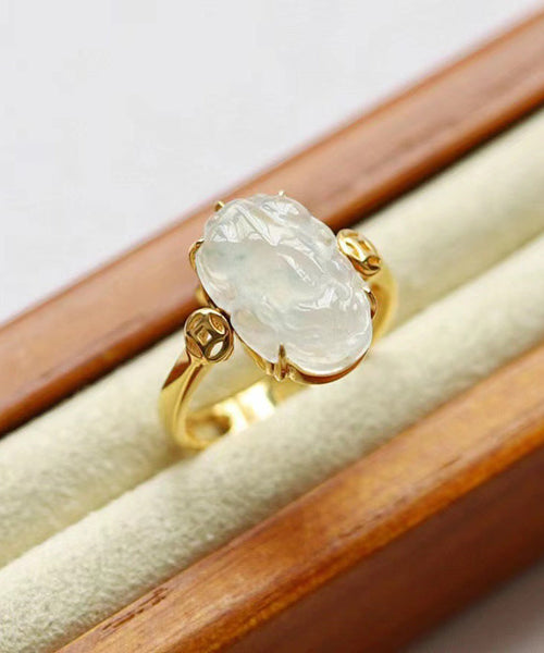 Fine Gold Sterling Silver Overgild Chalcedony A Mythical Wild Animal Tassel Rings QI060 JEW-RIN240928