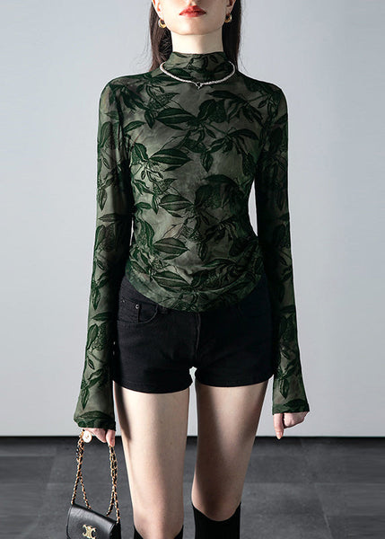 Fine Green Hign Neck Print Slim Fit Tulle Shirt Fall AL1075 Genistyle Shop