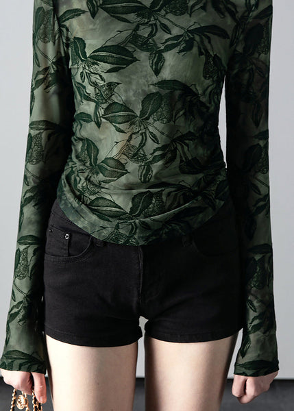 Fine Green Hign Neck Print Slim Fit Tulle Shirt Fall AL1075 Genistyle Shop