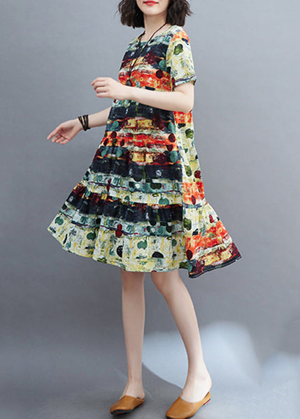 Fine Green O-Neck Print Ruffled Patchwork Mid Dress Summer VB1014 Ada Fashion