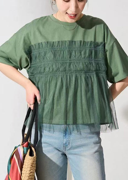 Green Summer Oversized Fine Tanks Tulle Patchwork FashionChic
