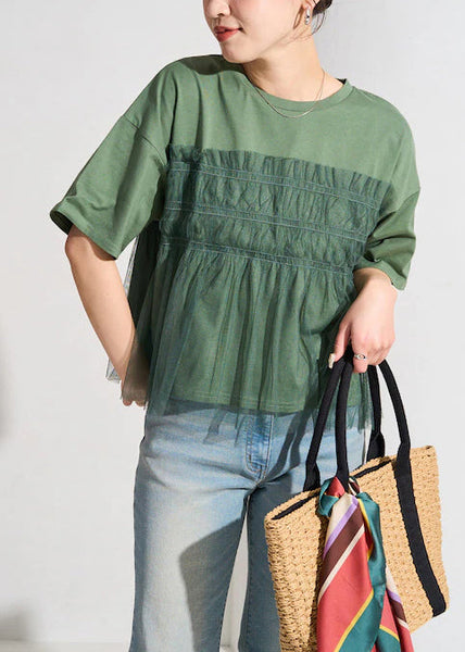 Green Summer Oversized Fine Tanks Tulle Patchwork FashionChic