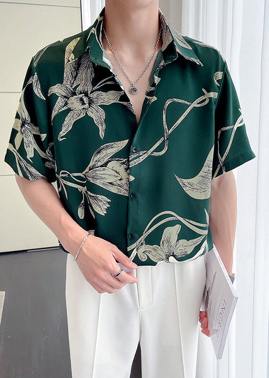 Fine Green Peter Pan Collar Print Loose Men Hawaiian Shirts Summer HG031 Men-Silk-MENSTP240725