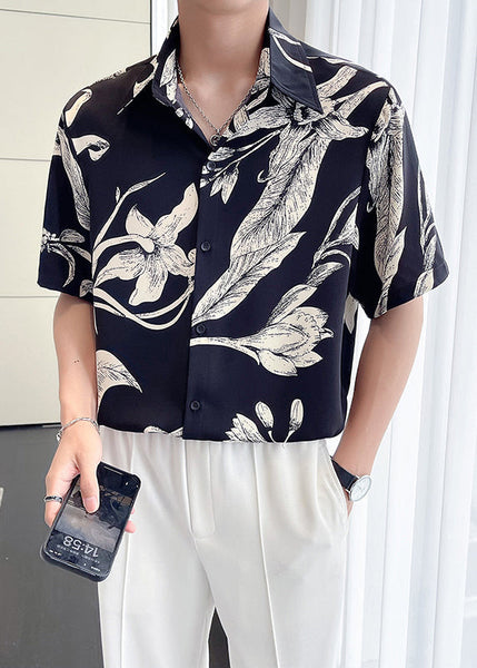 Fine Green Peter Pan Collar Print Loose Men Hawaiian Shirts Summer HG031 Men-Silk-MENSTP240725