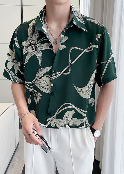 Fine Green Peter Pan Collar Print Loose Men Hawaiian Shirts Summer HG031 Men-Silk-MENSTP240725