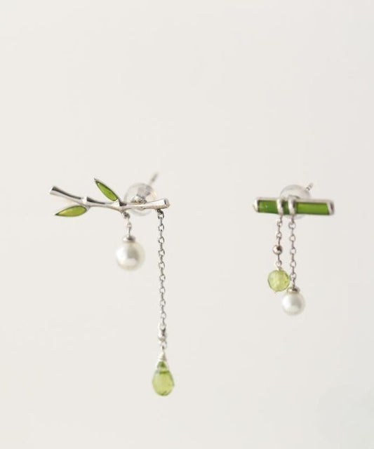 Silver Green Inlaid Bamboo Water Leaf Drop Fine Sterling Pearl FashionChic