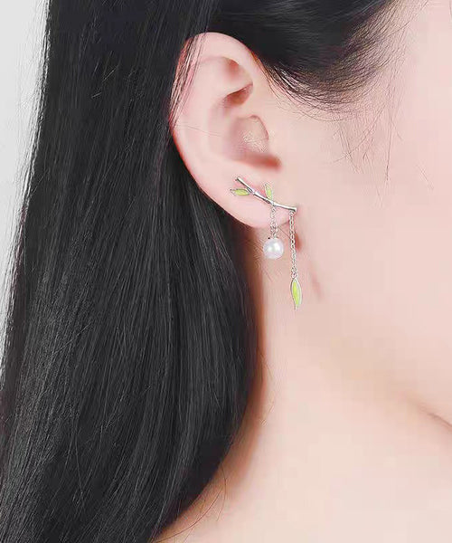 Silver Green Inlaid Bamboo Water Leaf Drop Fine Sterling Pearl FashionChic
