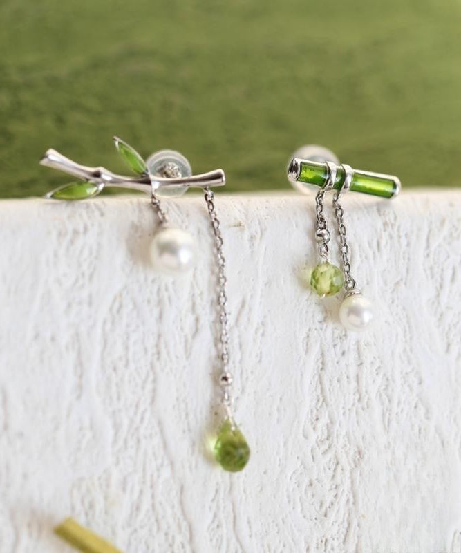 Silver Green Inlaid Bamboo Water Leaf Drop Fine Sterling Pearl FashionChic