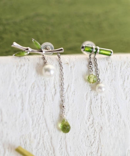 Silver Green Inlaid Bamboo Water Leaf Drop Fine Sterling Pearl FashionChic