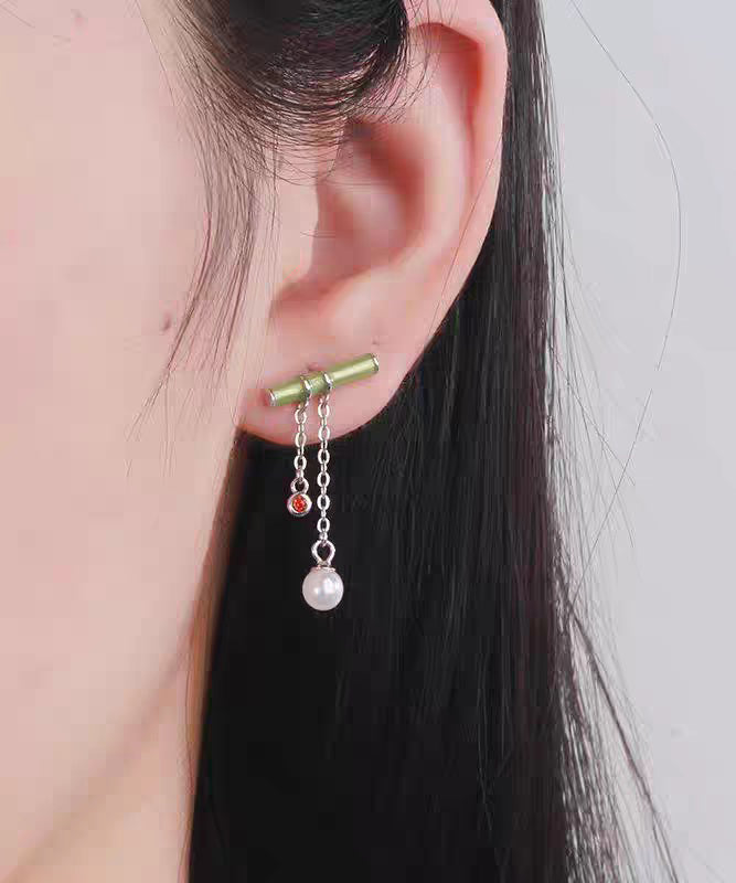 Silver Green Inlaid Bamboo Water Leaf Drop Fine Sterling Pearl FashionChic