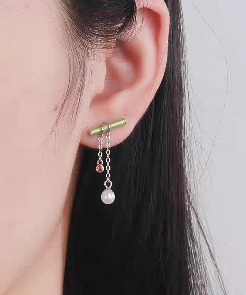 Silver Green Inlaid Bamboo Water Leaf Drop Fine Sterling Pearl FashionChic