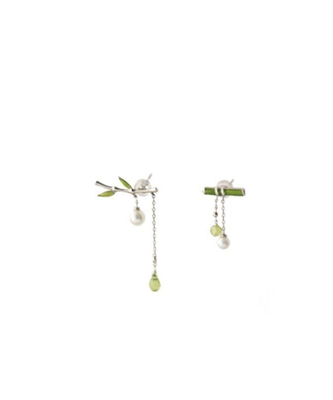 Silver Green Inlaid Bamboo Water Leaf Drop Fine Sterling Pearl FashionChic