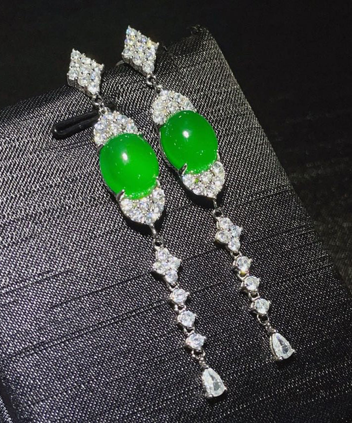 Fine Green Sterling Silver Zircon Jade Tassel Drop Earrings AC1058 Genistyle Shop