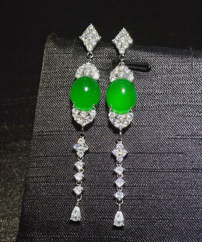 Fine Green Sterling Silver Zircon Jade Tassel Drop Earrings AC1058 Genistyle Shop