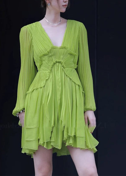 Fine Green V Neck Ruffled Patchwork Mid Dresses Spring RP018 ABC