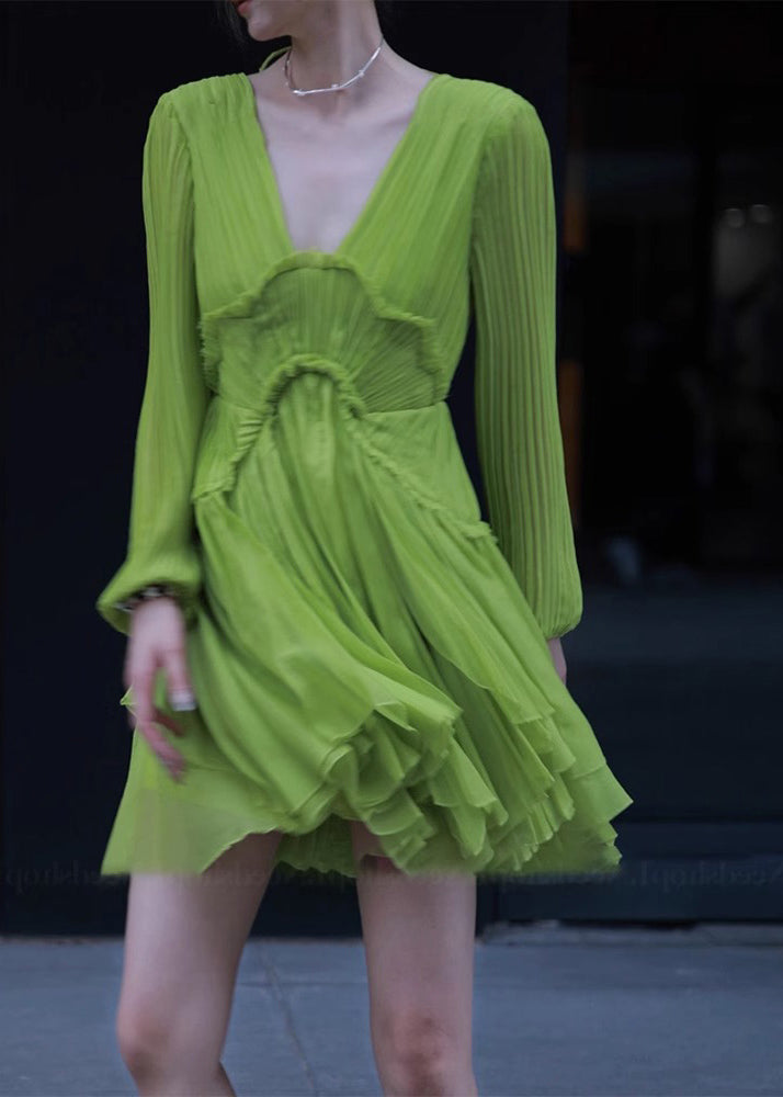 Fine Green V Neck Ruffled Patchwork Mid Dresses Spring RP018 ABC