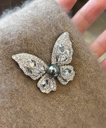 Fine Grey Alloy Zircon Butterfly Pearl Brooches YD039 ABC