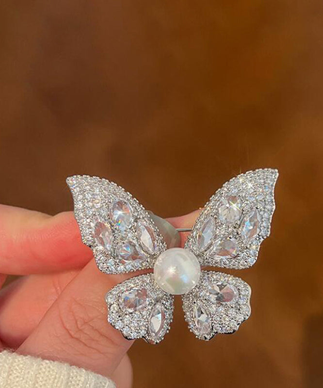 Fine Grey Alloy Zircon Butterfly Pearl Brooches YD039 ABC