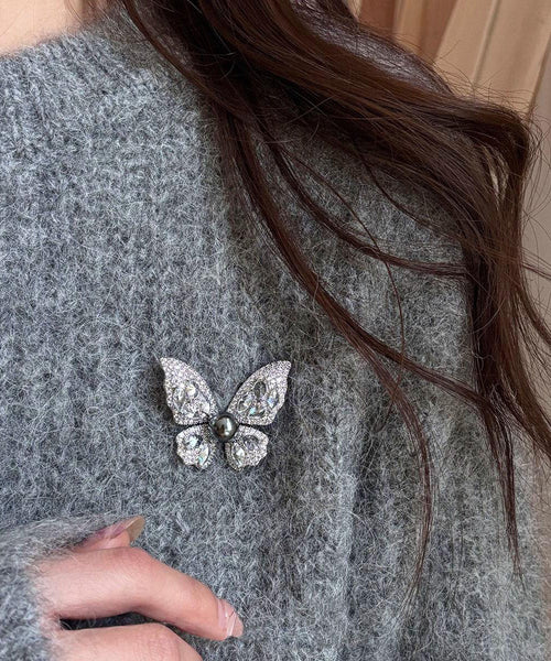 Fine Grey Alloy Zircon Butterfly Pearl Brooches YD039 ABC