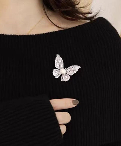 Fine Grey Alloy Zircon Butterfly Pearl Brooches YD039 ABC