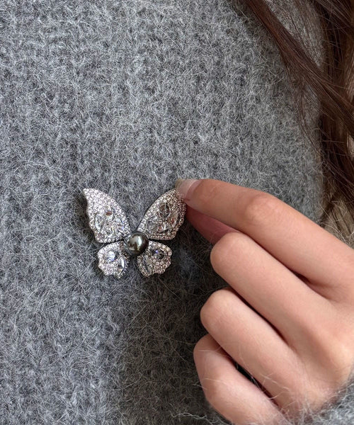 Fine Grey Alloy Zircon Butterfly Pearl Brooches YD039 ABC