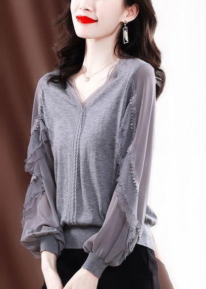 Fine Knit Ruffled Shirt Tulle Spring Grey Patchwork FashionChic