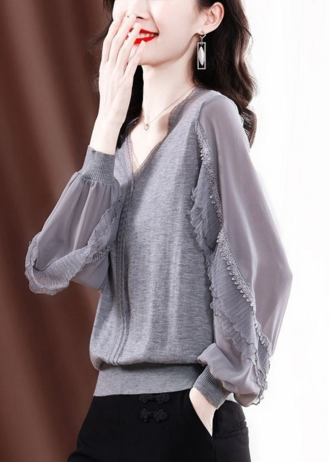 Fine Knit Ruffled Shirt Tulle Spring Grey Patchwork FashionChic