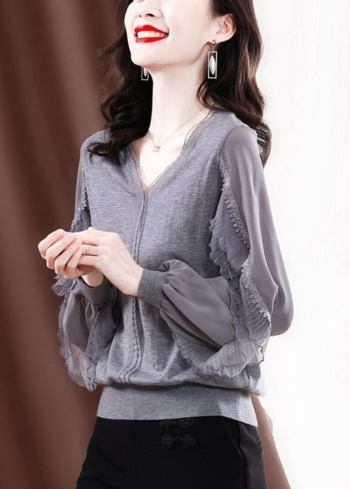 Fine Knit Ruffled Shirt Tulle Spring Grey Patchwork FashionChic