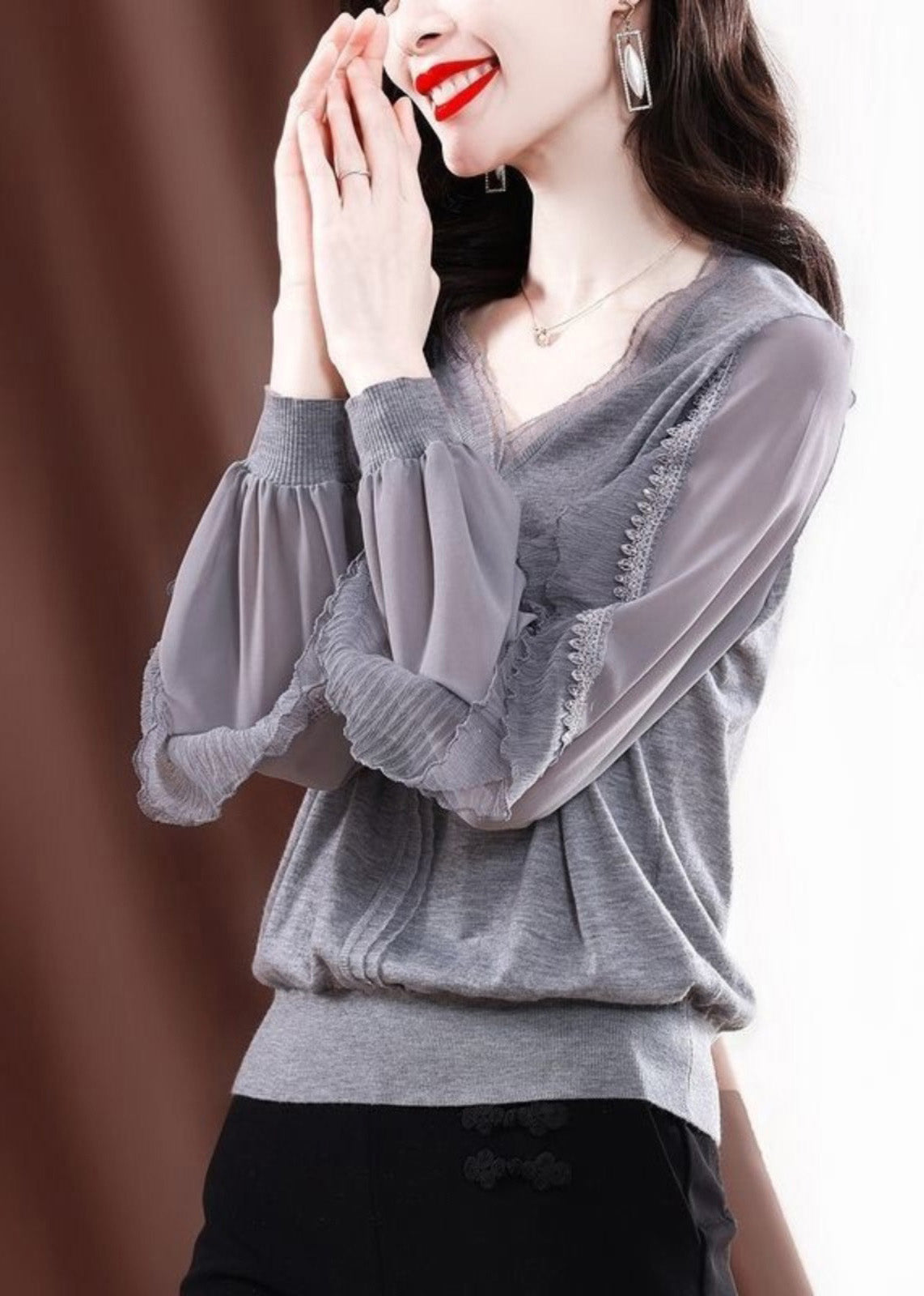 Fine Knit Ruffled Shirt Tulle Spring Grey Patchwork FashionChic
